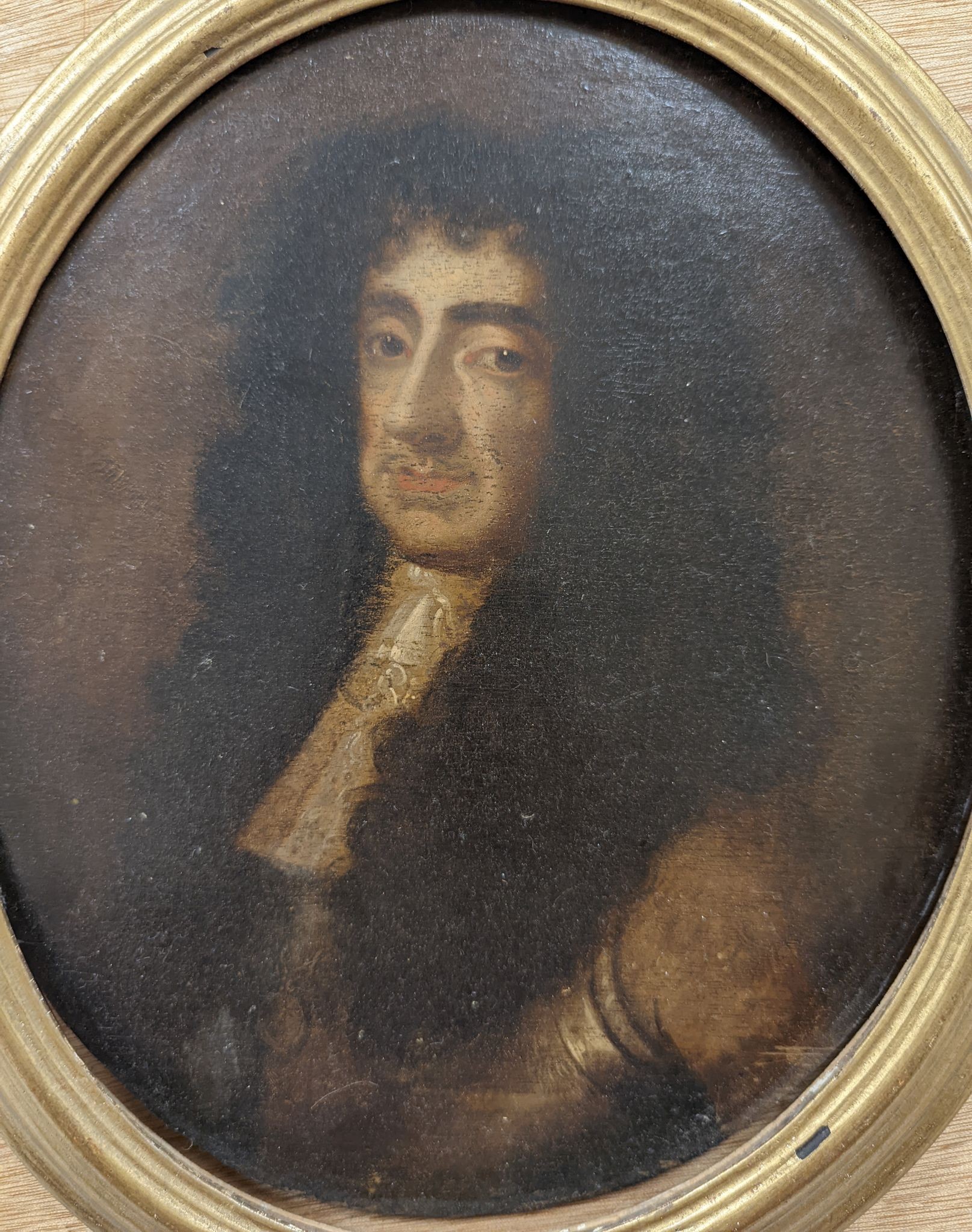 After Sir Peter Lely (1618-1680), oil on wooden panel, Portrait of Charles II, 30 x 24cm